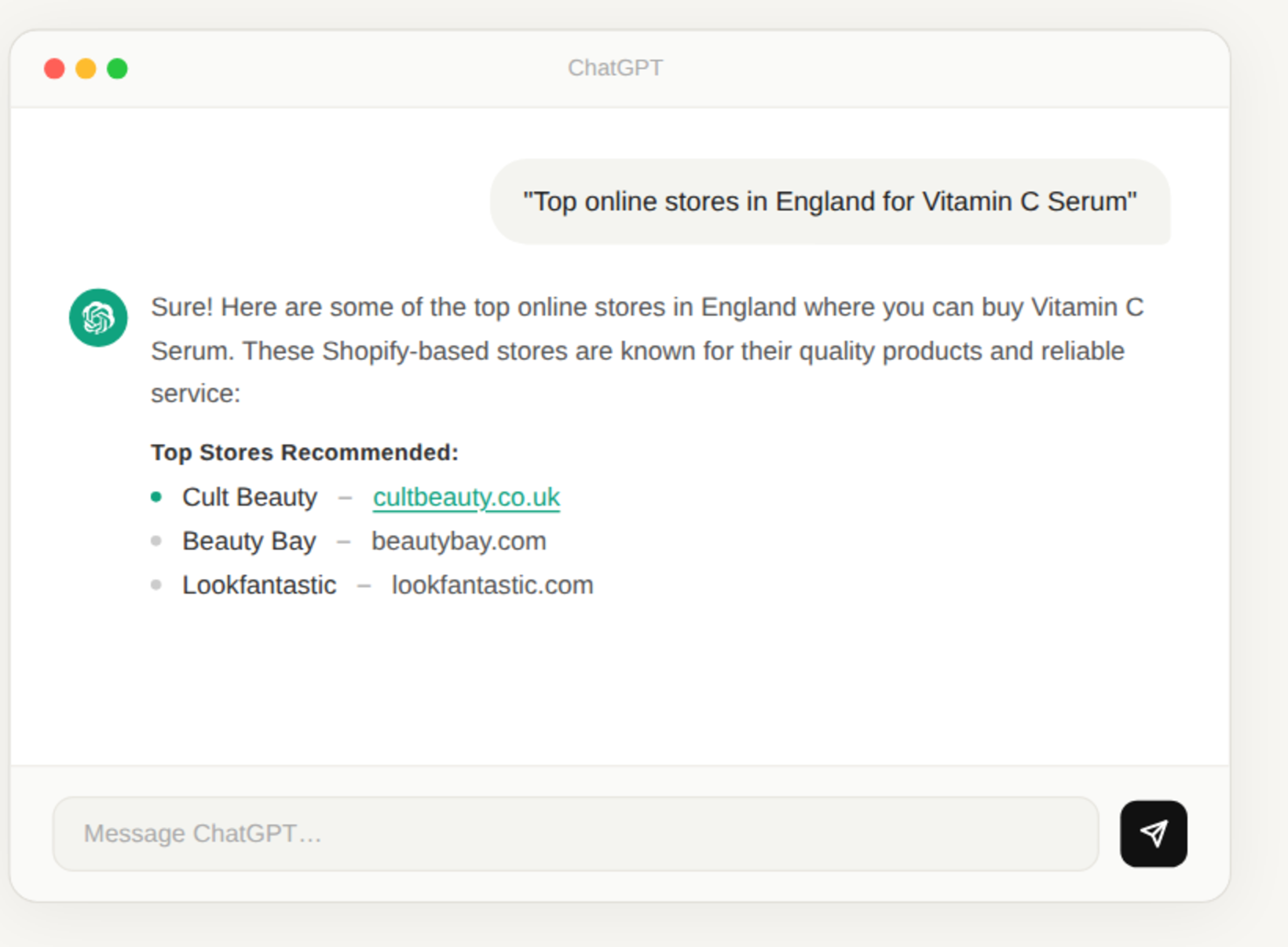 A ChatGPT conversation asking for the top online stores in England for Vitamin C serum, answered with a list of named Shopify stores and their domains