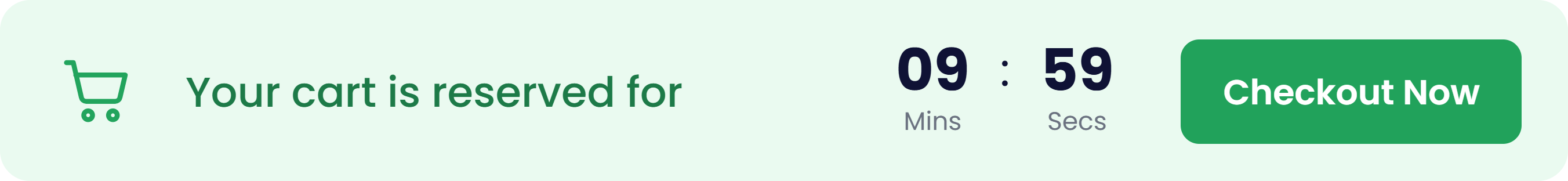 Green bar reading “Your cart is reserved for” with a minutes and seconds countdown and a Checkout Now button