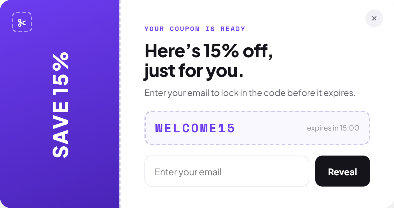 Popup reading “Here’s 15% off, just for you” with the code WELCOME15 revealed beside an expiry timer