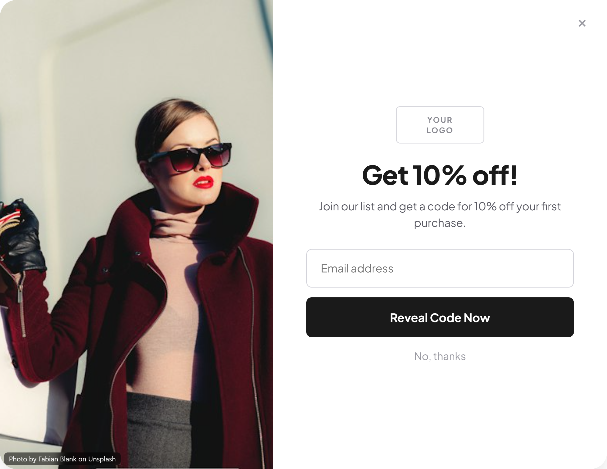 A two-panel email popup with a fashion photograph on the left and “Get 10% off!” on the right, with an email field and a Reveal Code Now button