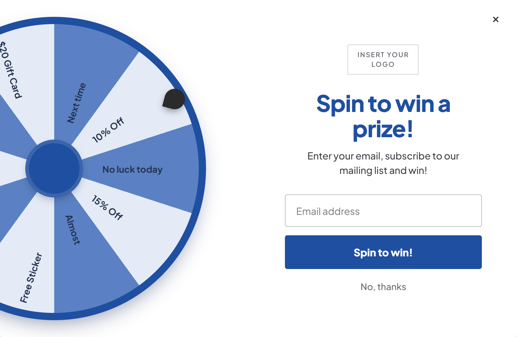 Spin-to-win popup with a blue and white prize wheel and an email field