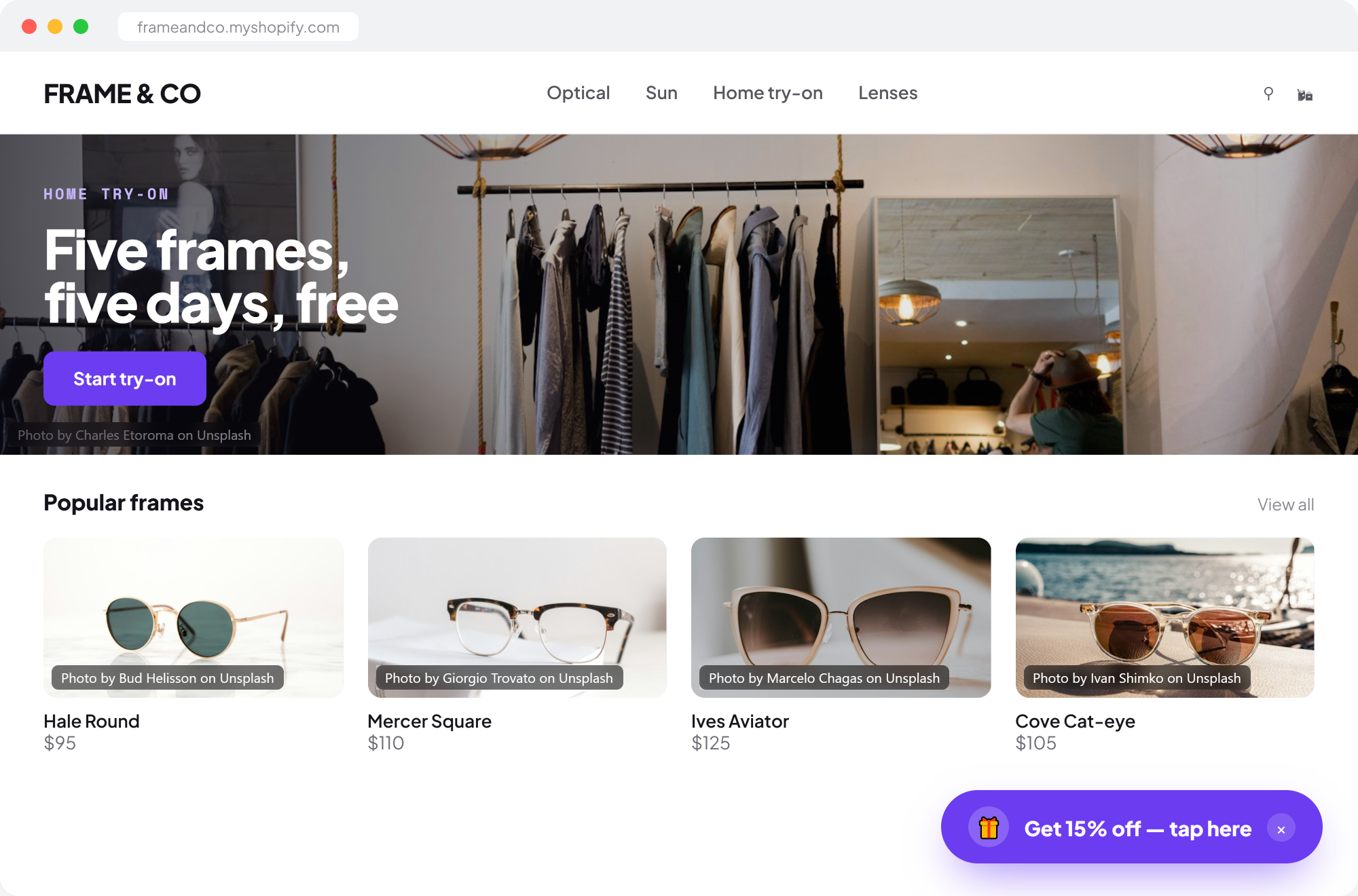 A Frame & Co storefront with a purple “Get 15% off — tap here” teaser bar sitting in the bottom-right corner