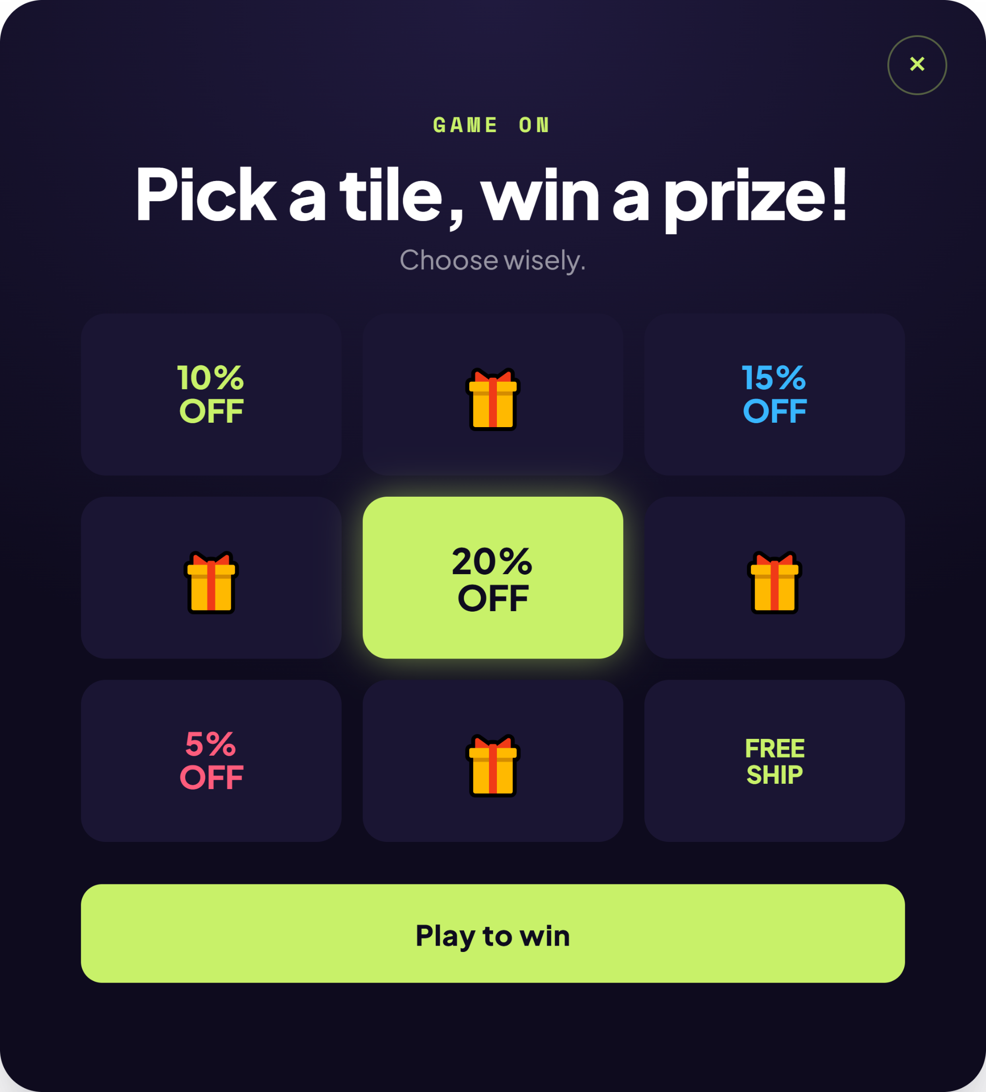 Pick-a-tile game popup on a dark background with nine prize squares and a Play to win button