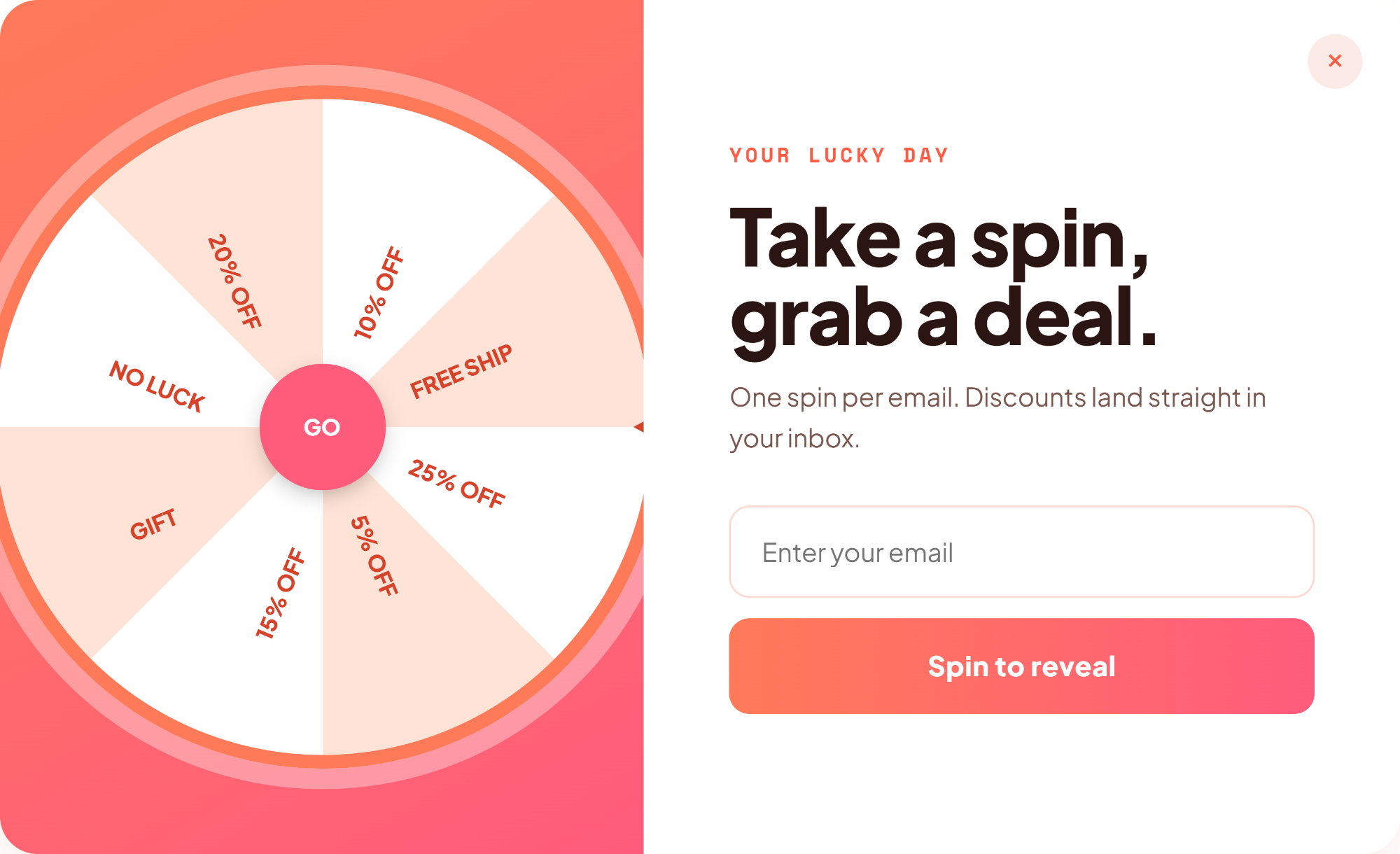 Coral spin-to-win popup reading “Take a spin, grab a deal” with a segmented wheel