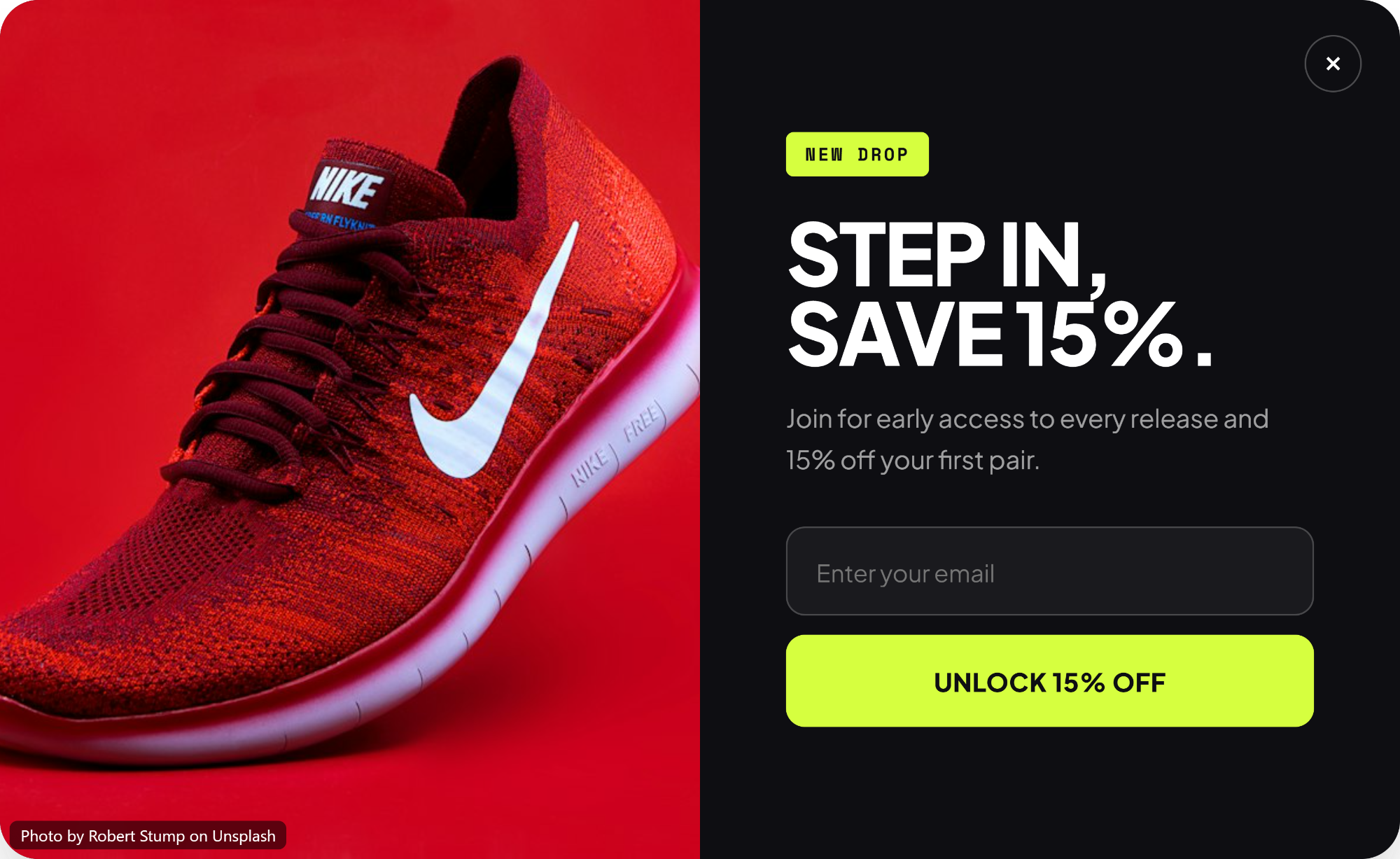 Bold black and lime popup reading “Step in, save 15%” beside a red running shoe