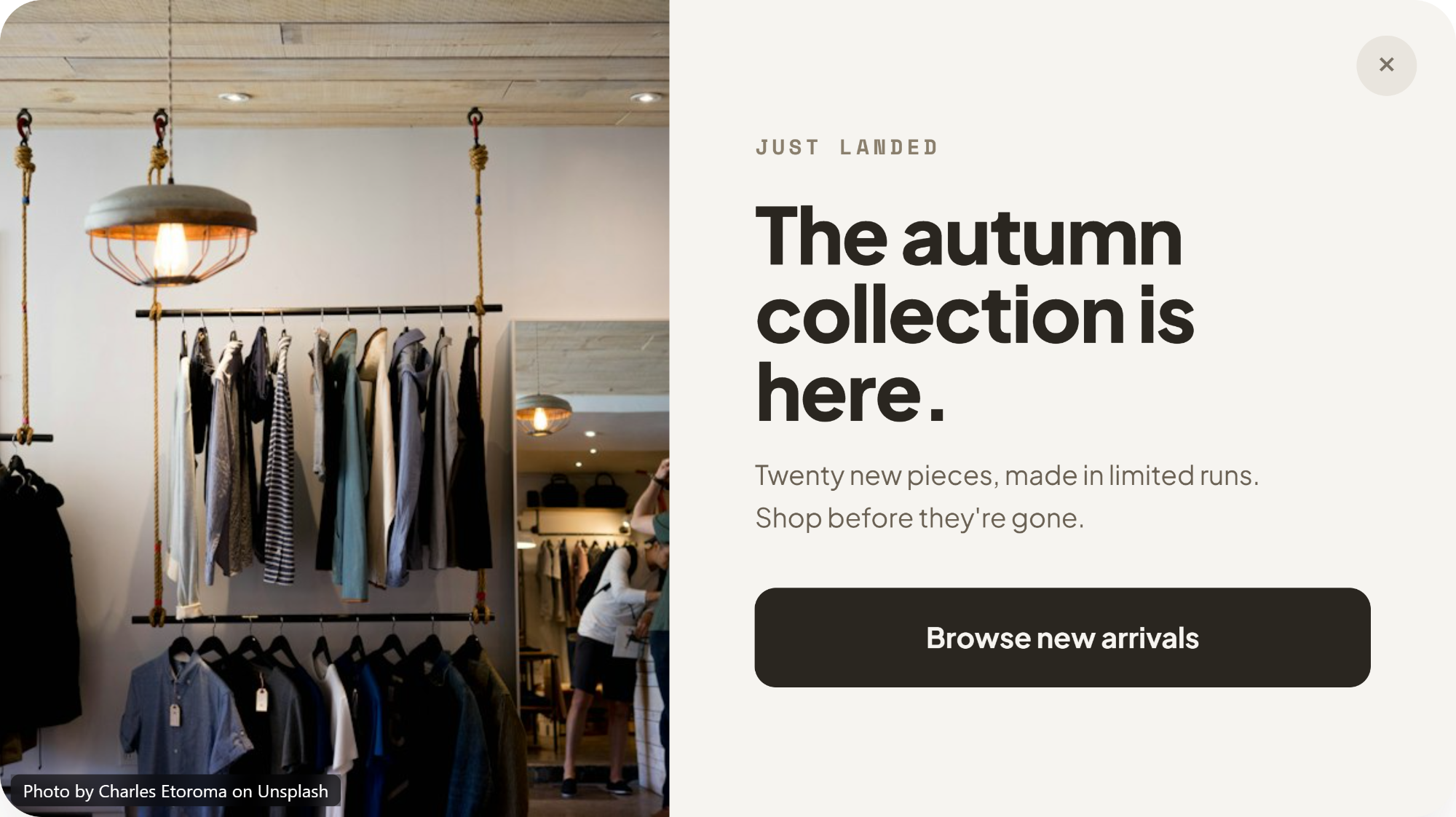 Popup over a clothing rail reading “The autumn collection is here” with a Browse new arrivals button