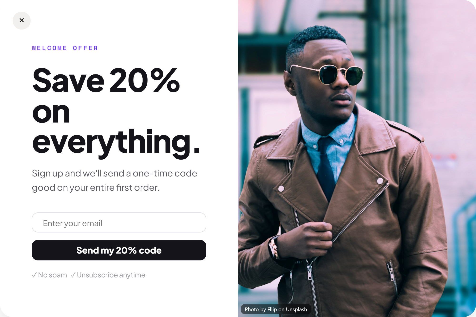 Popup reading “Save 20% on everything” beside a portrait, with a Send my 20% code button