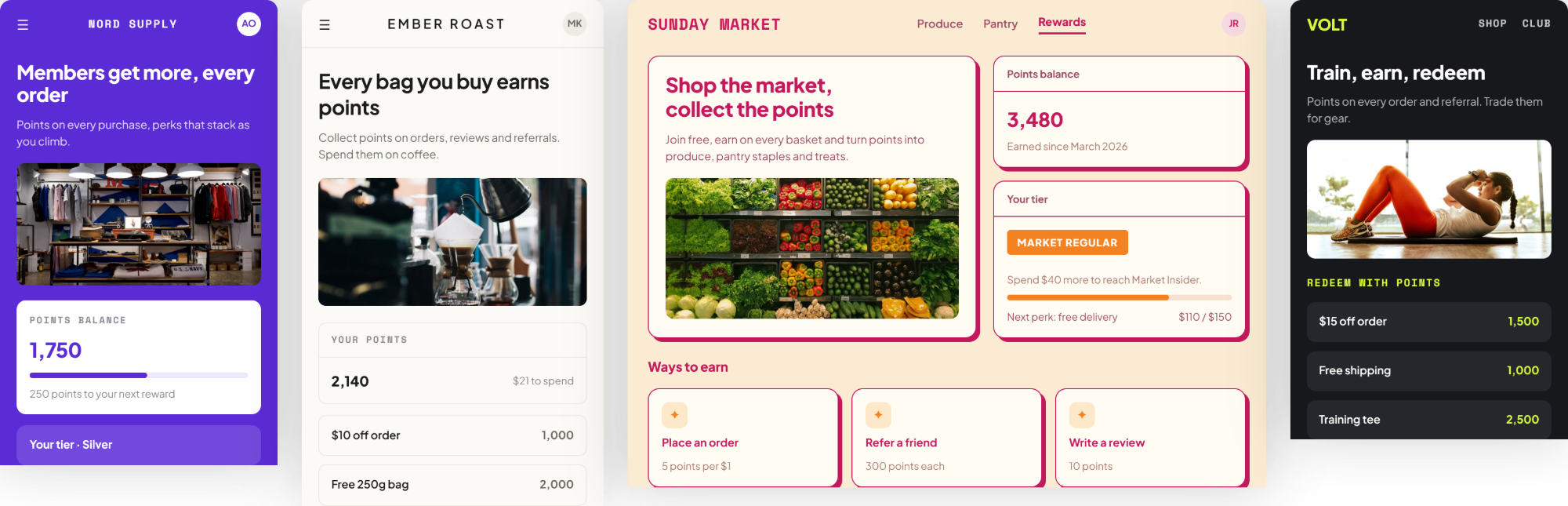 Four storefront rewards pages in different brand styles — a purple Nord Supply page, a light Ember Roast page, a cream Sunday Market page and a dark Volt page