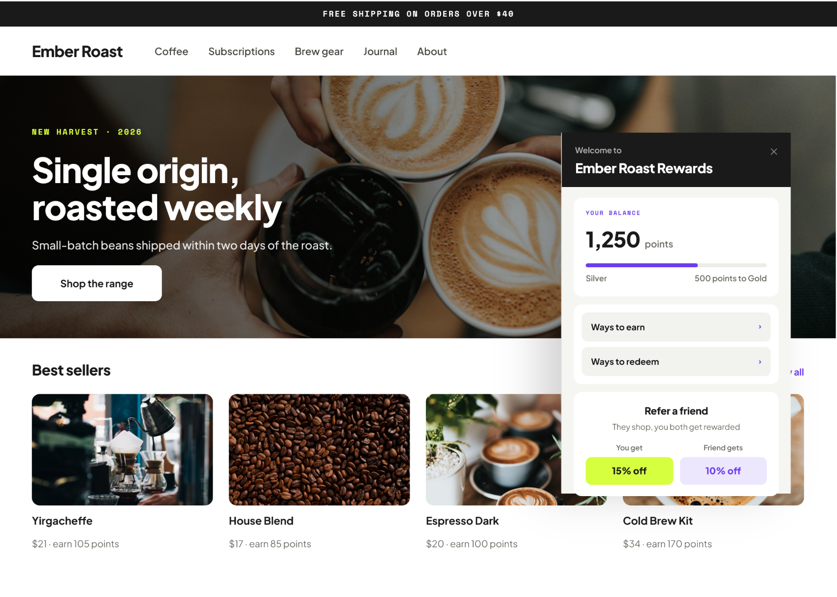 An Ember Roast storefront with the rewards widget open, showing a 1,250 point balance, Silver tier, ways to earn and redeem, and a refer-a-friend offer