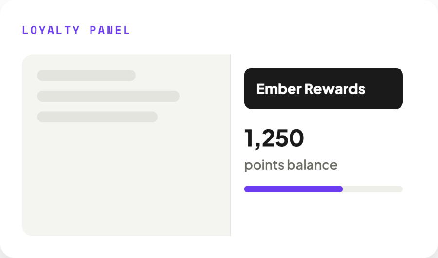A slide-out panel showing an Ember Rewards points balance of 1,250 with a progress bar