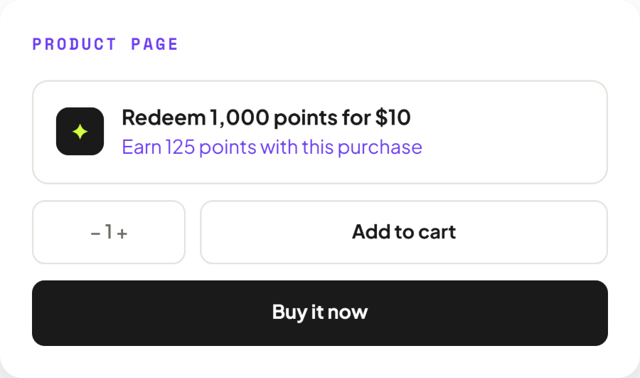 A product page block offering to redeem 1,000 points for $10 and noting 125 points earned with the purchase