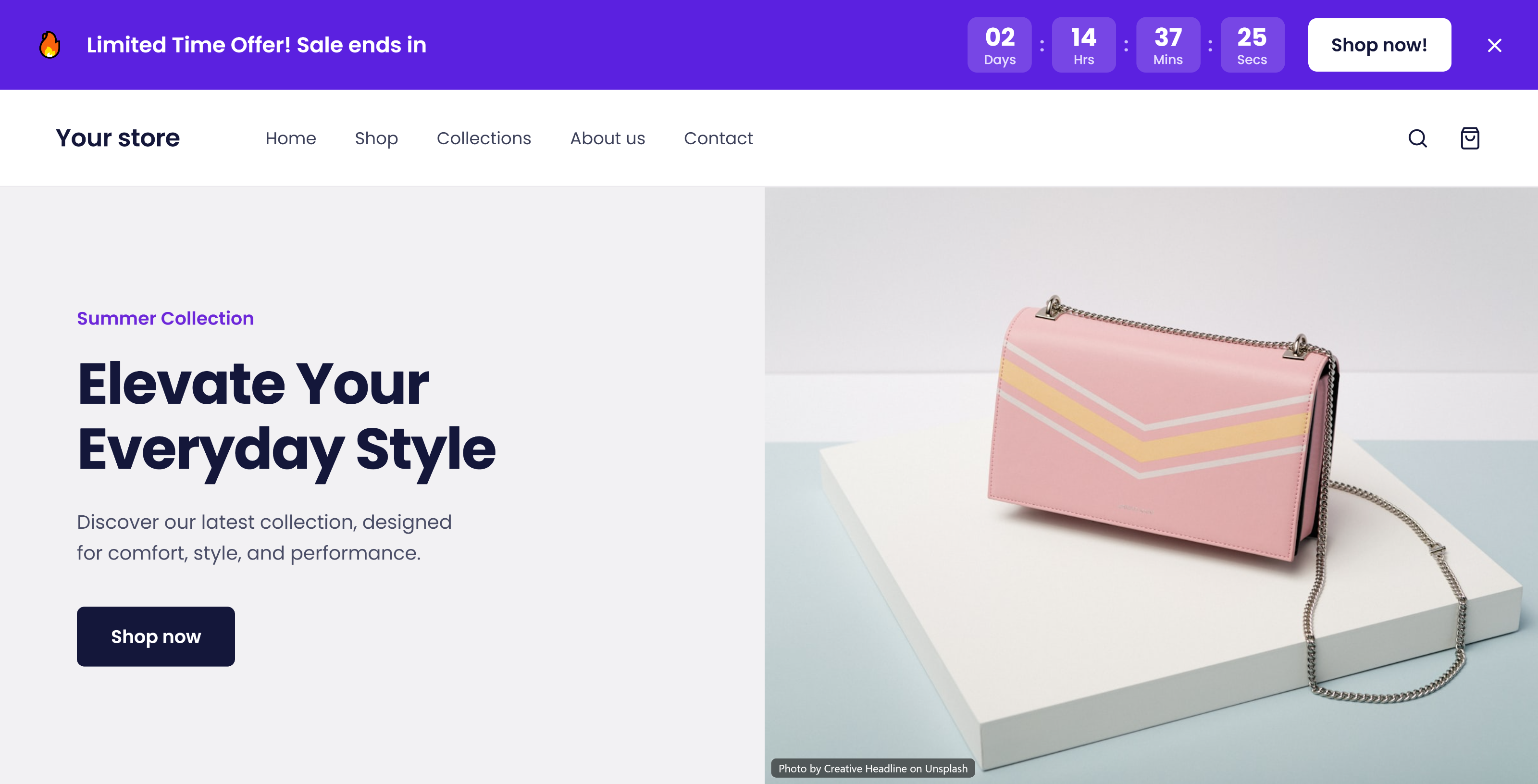 A storefront homepage with a purple limited-time-offer countdown bar sitting above the navigation