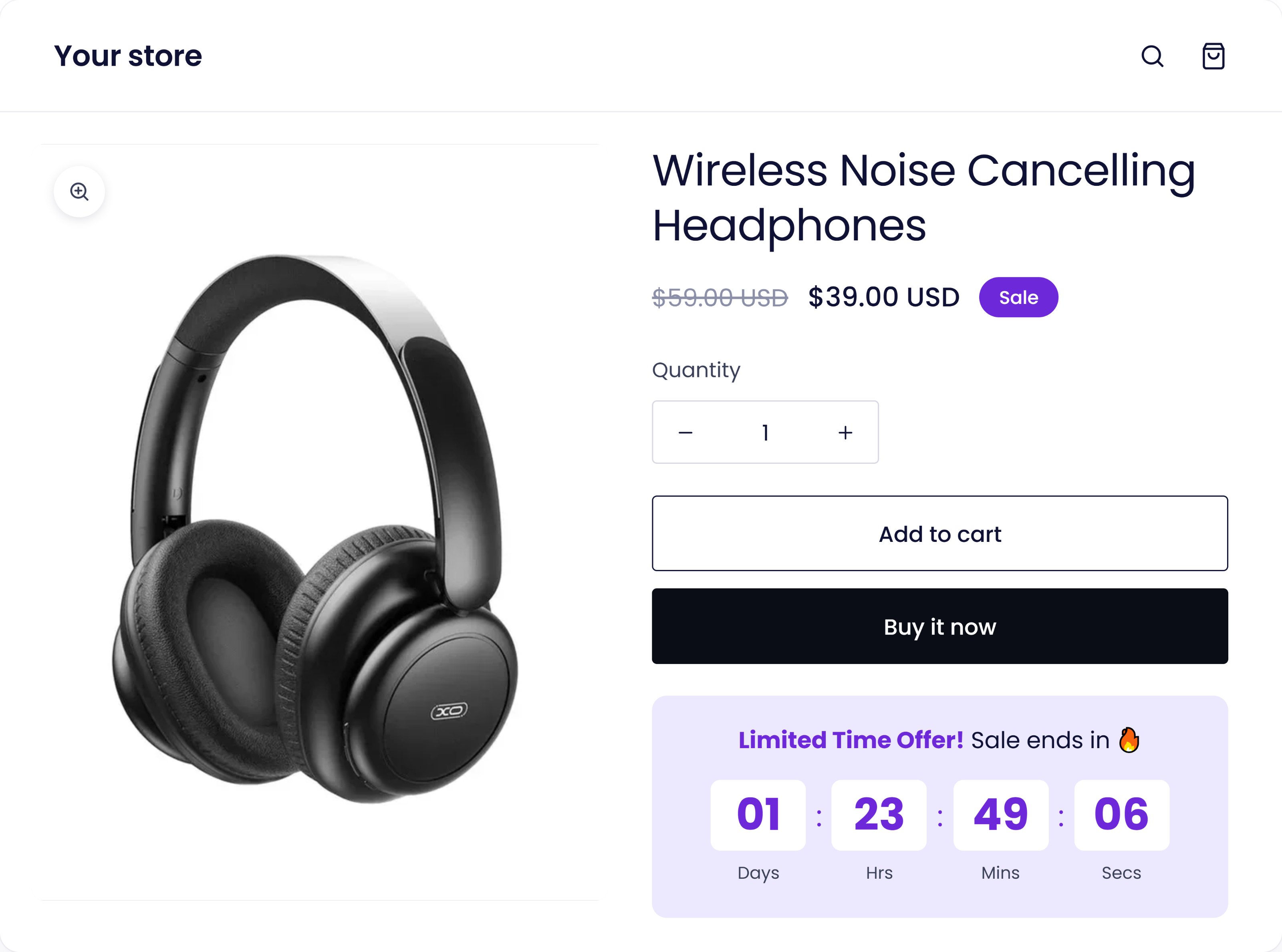 A Shopify product page for wireless headphones with a limited-time offer countdown below the buy box